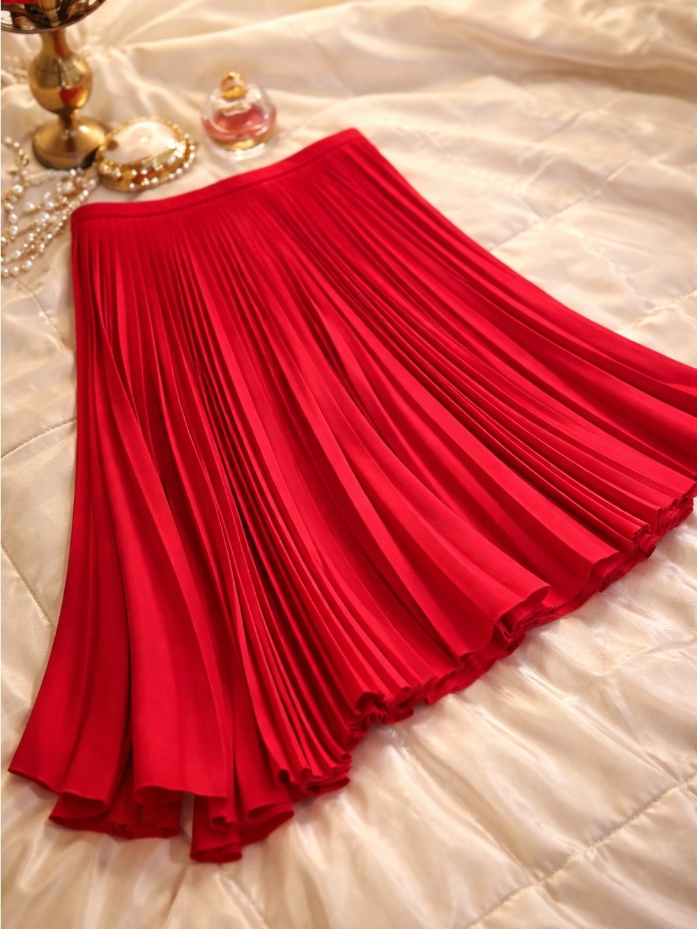 Women’s Red Pleated Midi Skirt